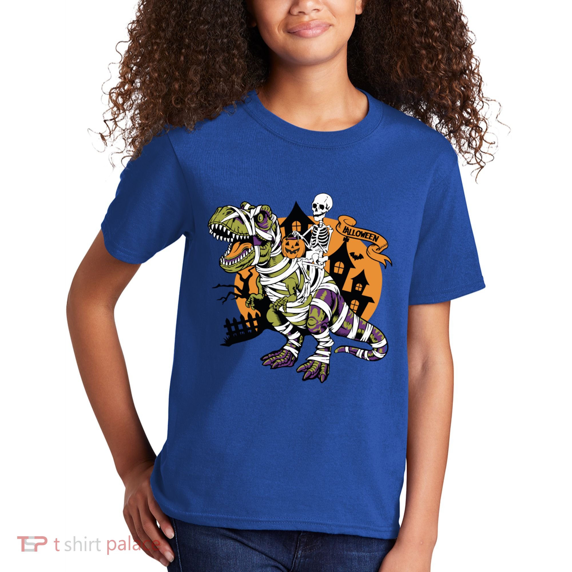 Skeleton Riding Mummy Dinosaur T Rex Halloween Spook Lovers Gift Kids T-Shirt