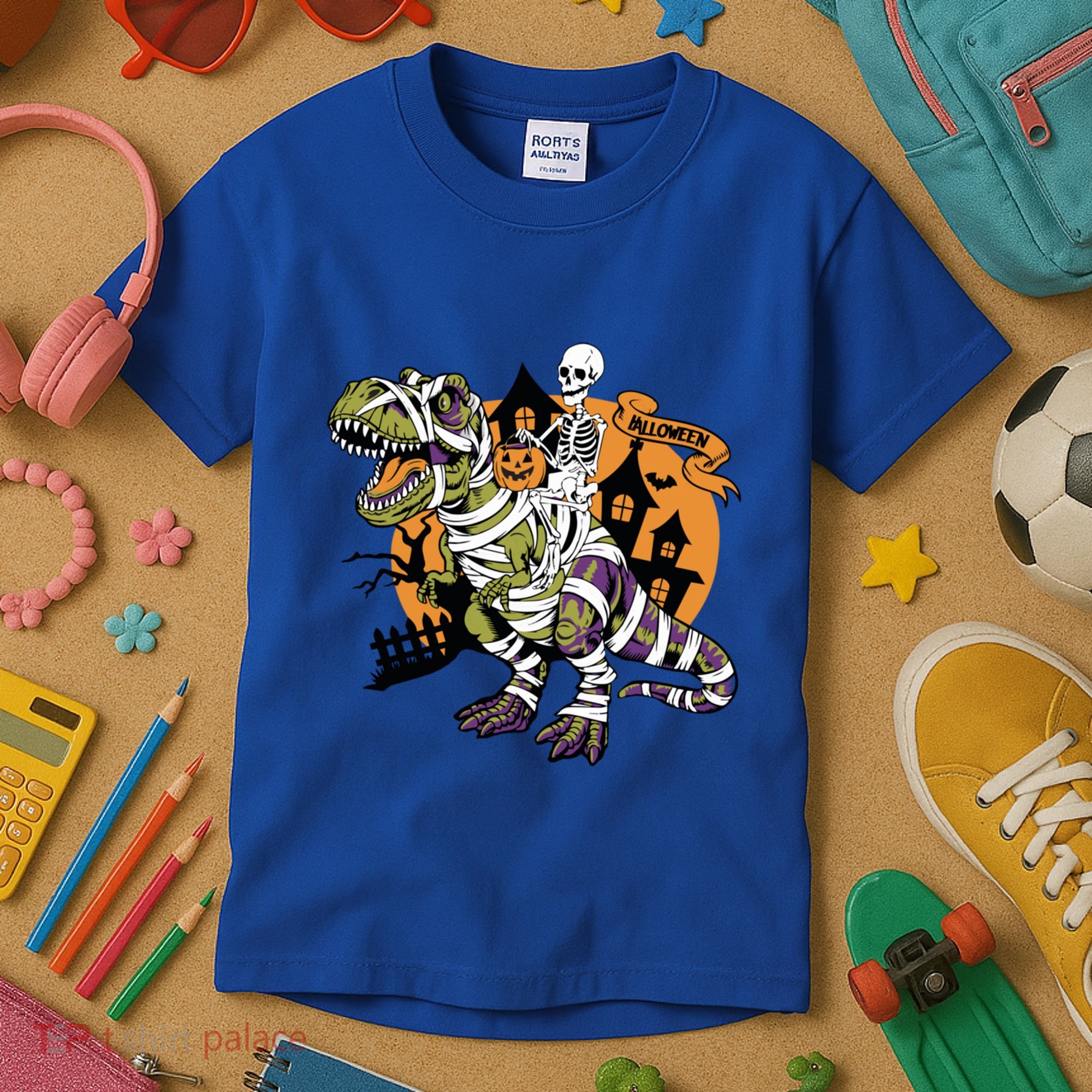 Skeleton Riding Mummy Dinosaur T Rex Halloween Spook Lovers Gift Kids T-Shirt