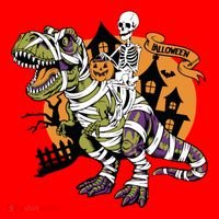 Skeleton Riding Mummy Dinosaur T Rex Halloween Spook Lovers Gift Santa Hat thumb 1