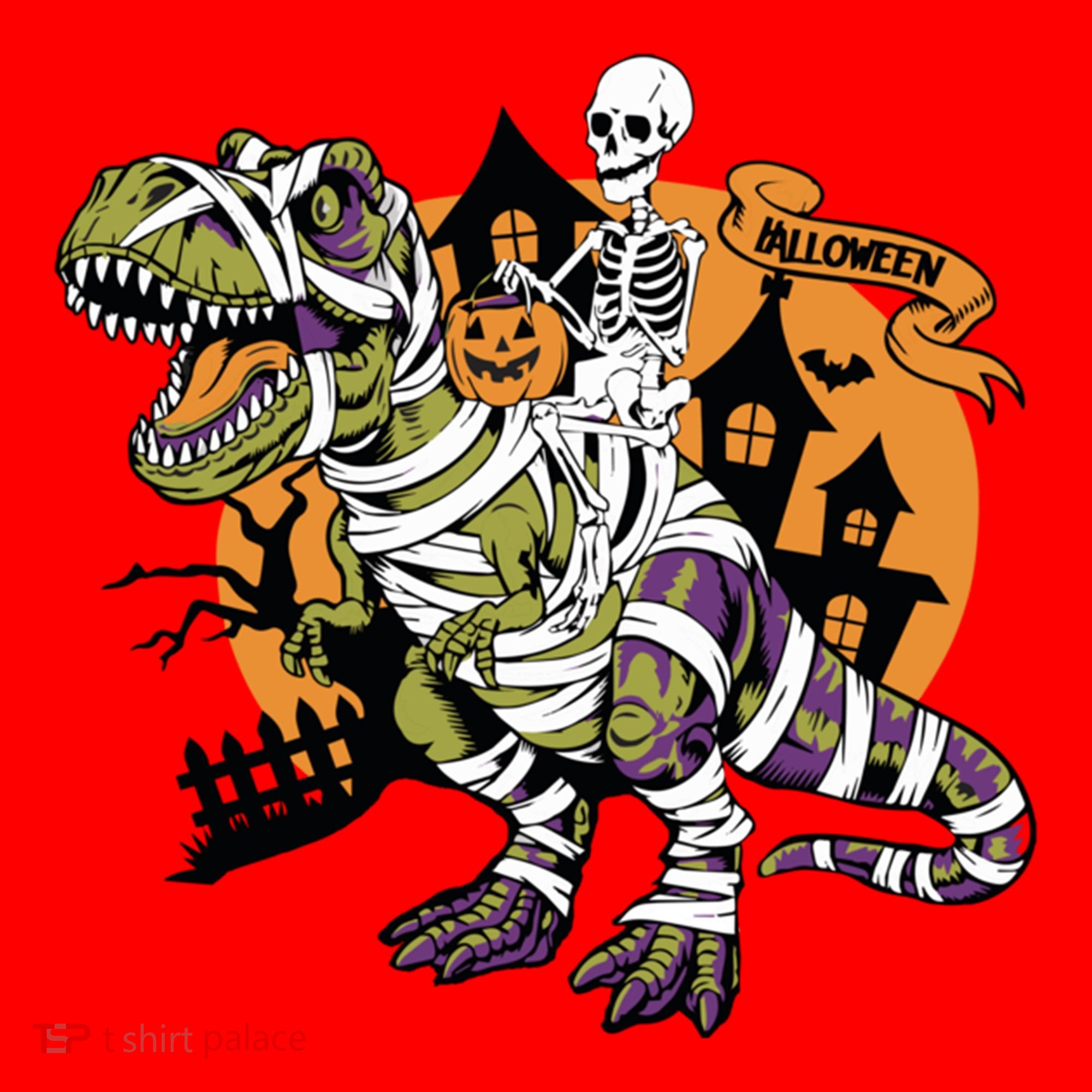 Skeleton Riding Mummy Dinosaur T Rex Halloween Spook Lovers Gift Santa Hat