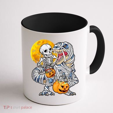 Skeleton Riding Mummy Dinosaur T Rex Halloween Funny Pumpkin Meaningful Gift Coffee Mug back