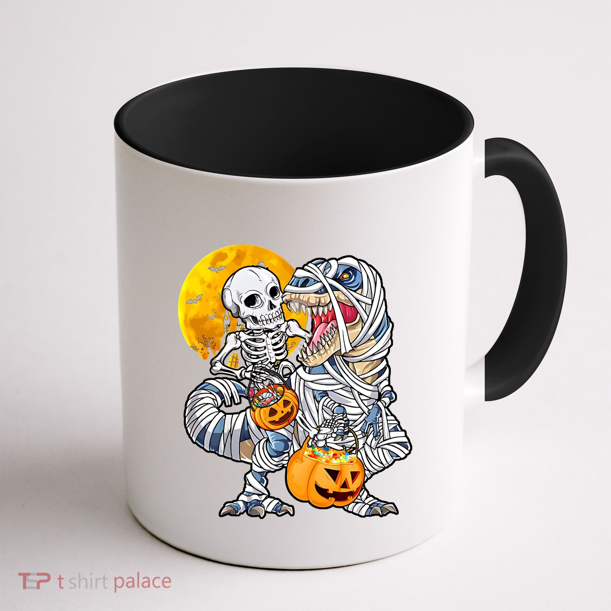 Skeleton Riding Mummy Dinosaur T Rex Halloween Funny Pumpkin Meaningful Gift Coffee Mug
