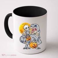 Skeleton Riding Mummy Dinosaur T Rex Halloween Funny Pumpkin Meaningful Gift Coffee Mug thumb 0