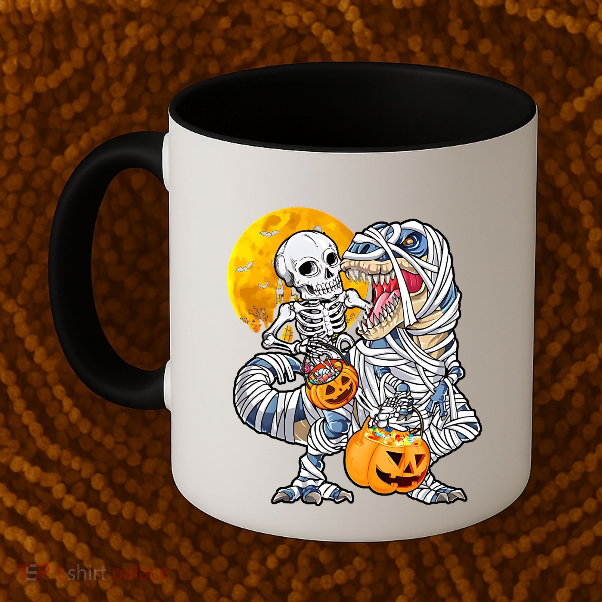 Skeleton Riding Mummy Dinosaur T Rex Halloween Funny Pumpkin Meaningful Gift Coffee Mug