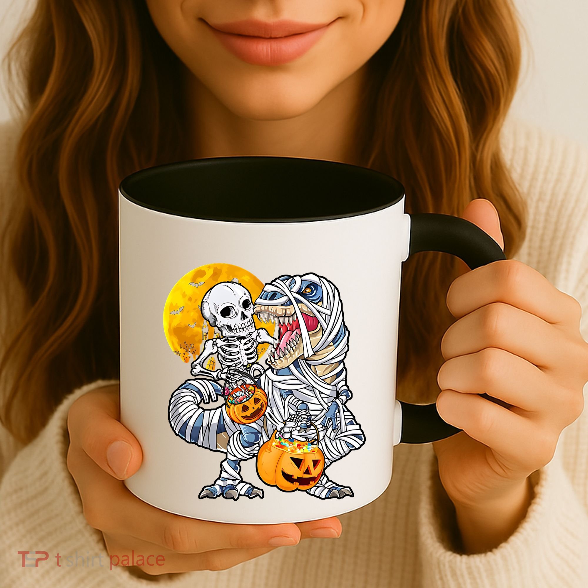 Skeleton Riding Mummy Dinosaur T Rex Halloween Funny Pumpkin Meaningful Gift Coffee Mug