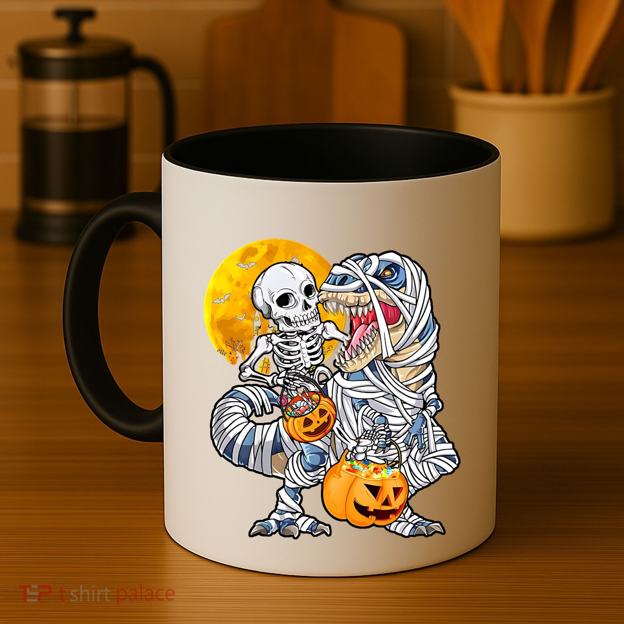 Skeleton Riding Mummy Dinosaur T Rex Halloween Funny Pumpkin Meaningful Gift Coffee Mug