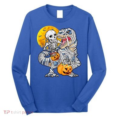 Skeleton Riding Mummy Dinosaur T Rex Halloween Funny Pumpkin Meaningful Gift Long Sleeve Shirt