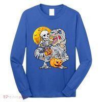 Skeleton Riding Mummy Dinosaur T Rex Halloween Funny Pumpkin Meaningful Gift Long Sleeve Shirt thumb 0