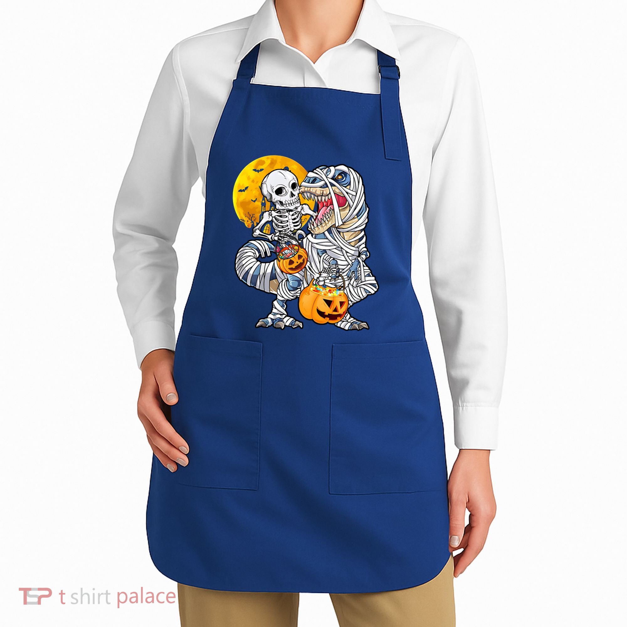 Skeleton Riding Mummy Dinosaur T Rex Halloween Funny Pumpkin Meaningful Gift Apron
