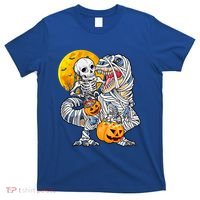 Skeleton Riding Mummy Dinosaur T Rex Halloween Funny Pumpkin Meaningful Gift T-Shirt thumb 0