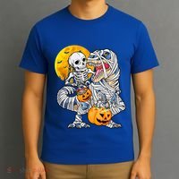 Skeleton Riding Mummy Dinosaur T Rex Halloween Funny Pumpkin Meaningful Gift T-Shirt thumb 3