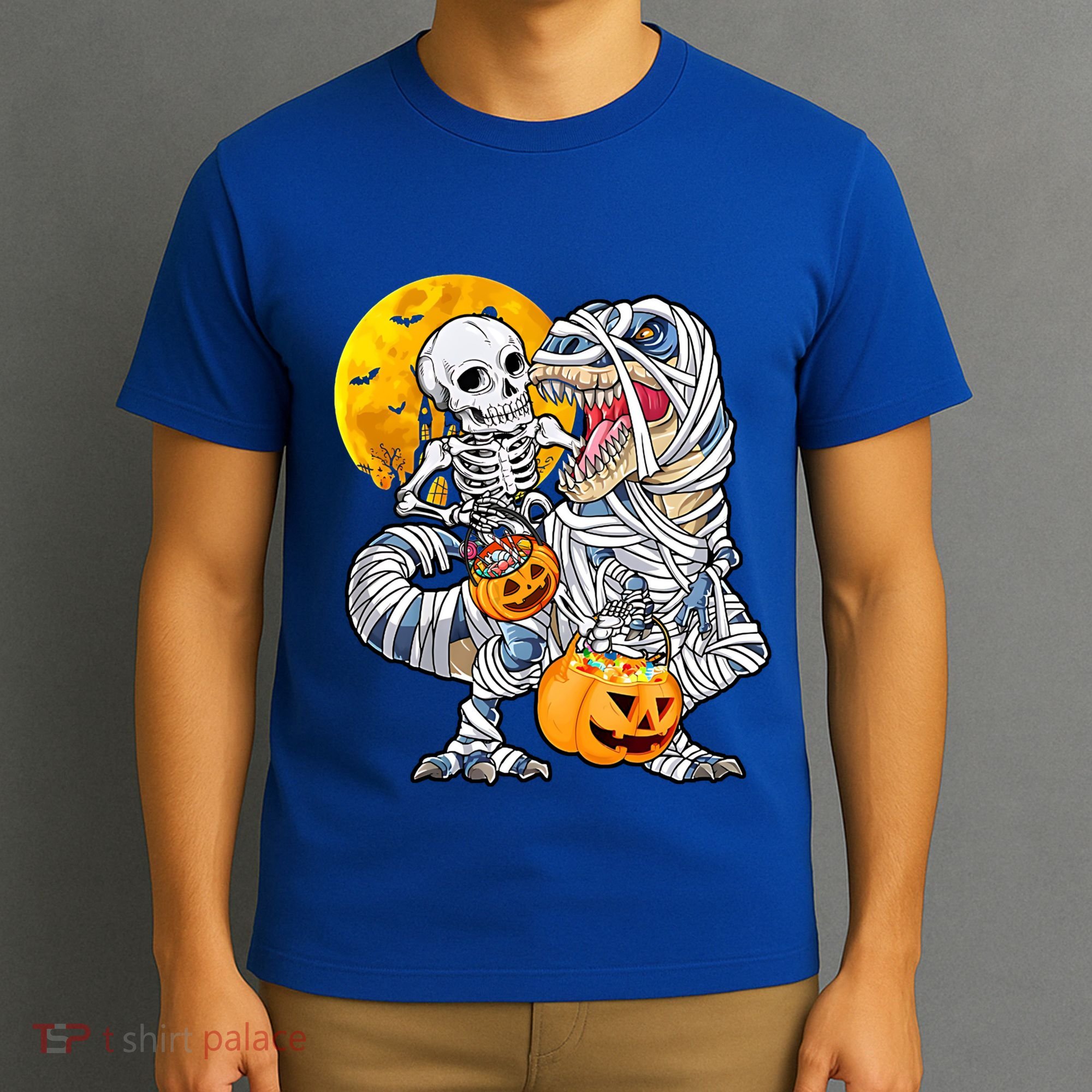 Skeleton Riding Mummy Dinosaur T Rex Halloween Funny Pumpkin Meaningful Gift T-Shirt