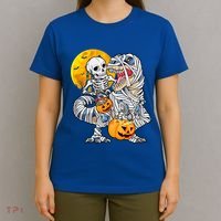 Skeleton Riding Mummy Dinosaur T Rex Halloween Funny Pumpkin Meaningful Gift T-Shirt thumb 4