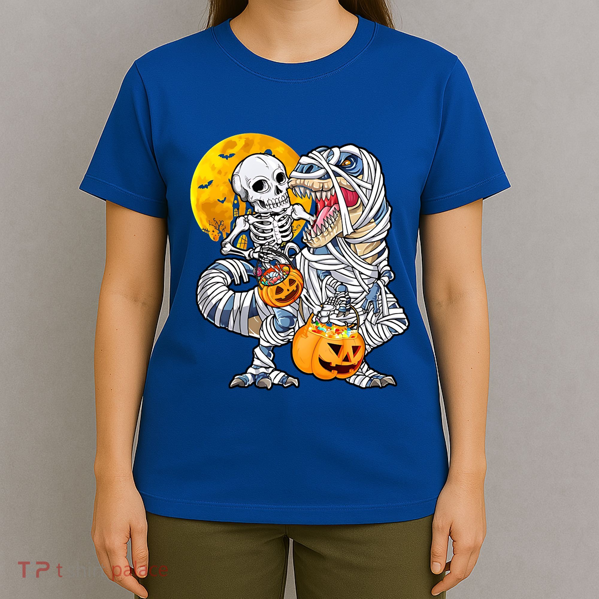 Skeleton Riding Mummy Dinosaur T Rex Halloween Funny Pumpkin Meaningful Gift T-Shirt