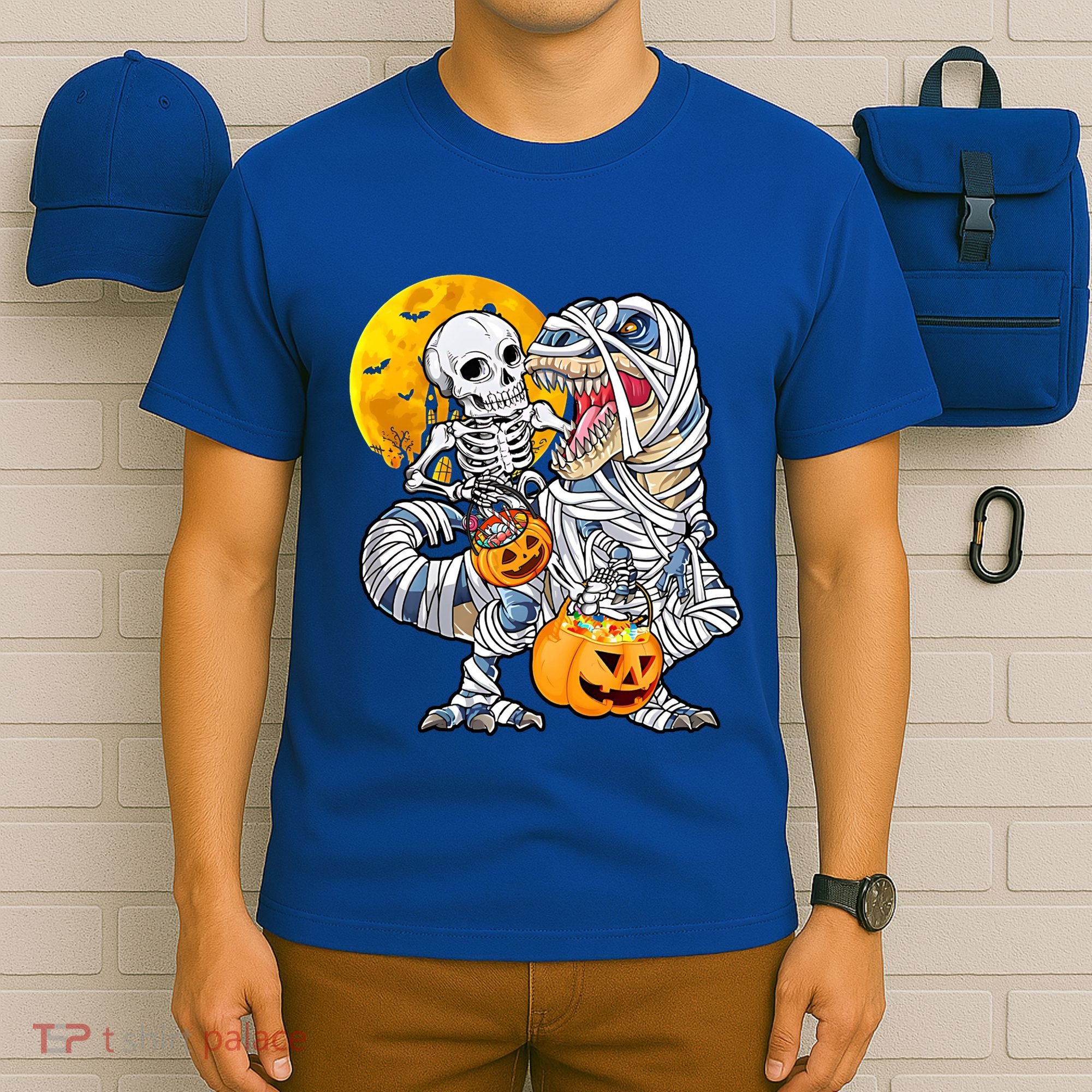 Skeleton Riding Mummy Dinosaur T Rex Halloween Funny Pumpkin Meaningful Gift T-Shirt