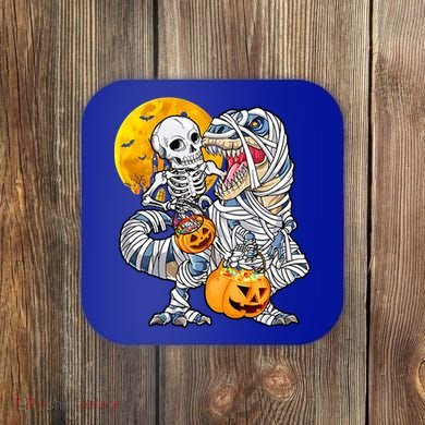 Skeleton Riding Mummy Dinosaur T Rex Halloween Funny Pumpkin Meaningful Gift Coaster