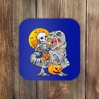 Skeleton Riding Mummy Dinosaur T Rex Halloween Funny Pumpkin Meaningful Gift Coaster thumb 0