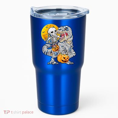Skeleton Riding Mummy Dinosaur T Rex Halloween Funny Pumpkin Meaningful Gift Tumbler
