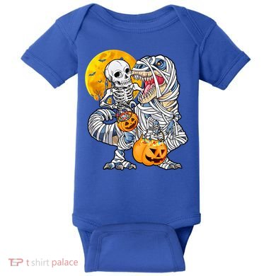 Skeleton Riding Mummy Dinosaur T Rex Halloween Funny Pumpkin Meaningful Gift Baby Bodysuit