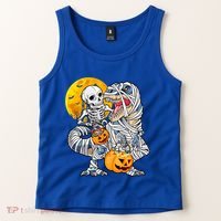 Skeleton Riding Mummy Dinosaur T Rex Halloween Funny Pumpkin Meaningful Gift Tank Top thumb 2