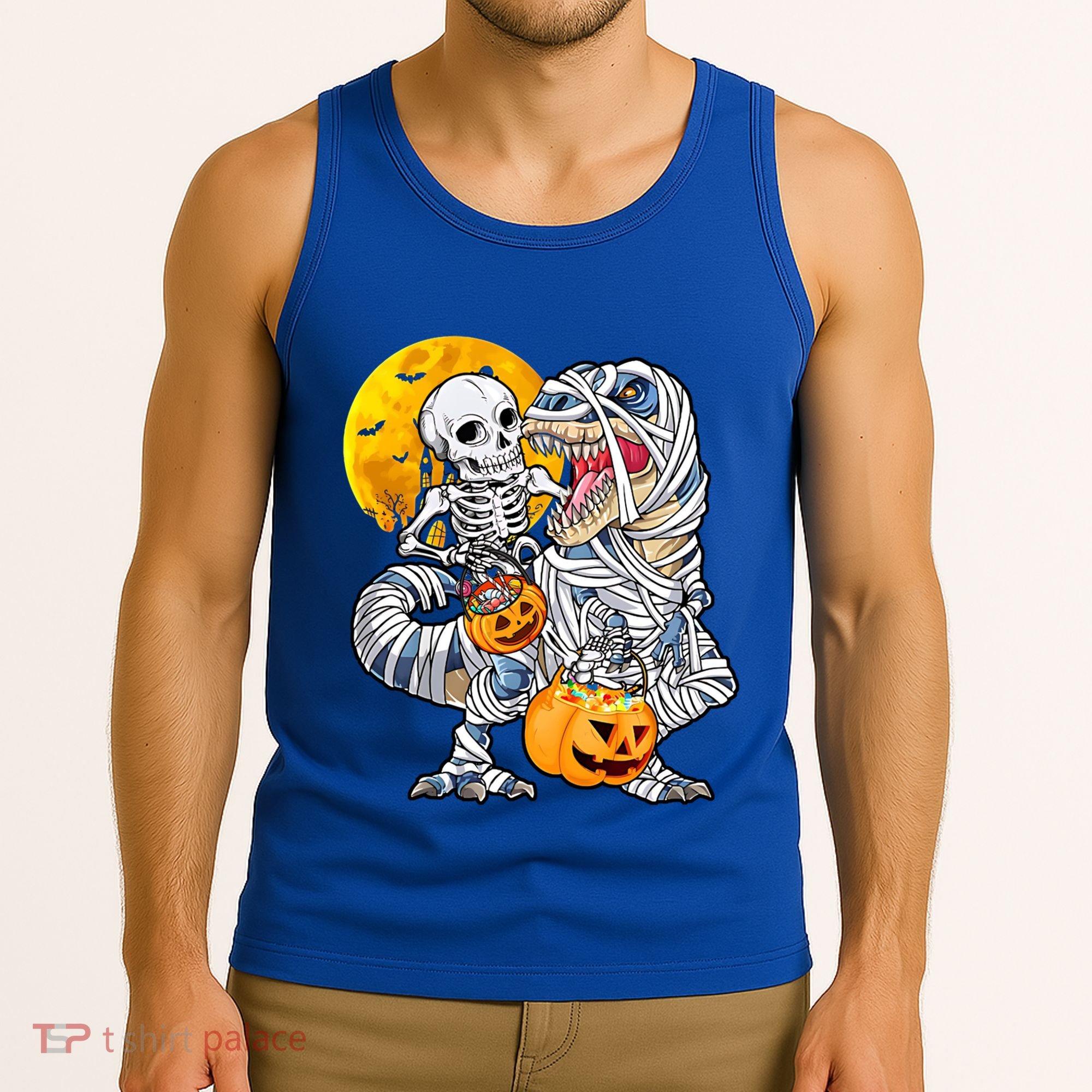 Skeleton Riding Mummy Dinosaur T Rex Halloween Funny Pumpkin Meaningful Gift Tank Top