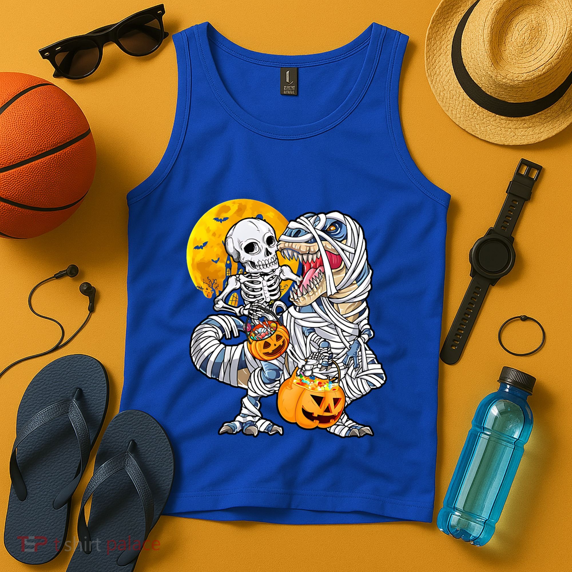Skeleton Riding Mummy Dinosaur T Rex Halloween Funny Pumpkin Meaningful Gift Tank Top