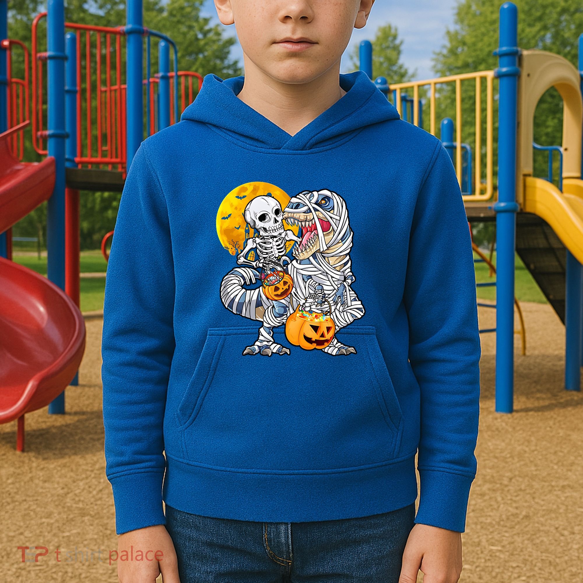 Skeleton Riding Mummy Dinosaur T Rex Halloween Funny Pumpkin Meaningful Gift Kids Hoodie