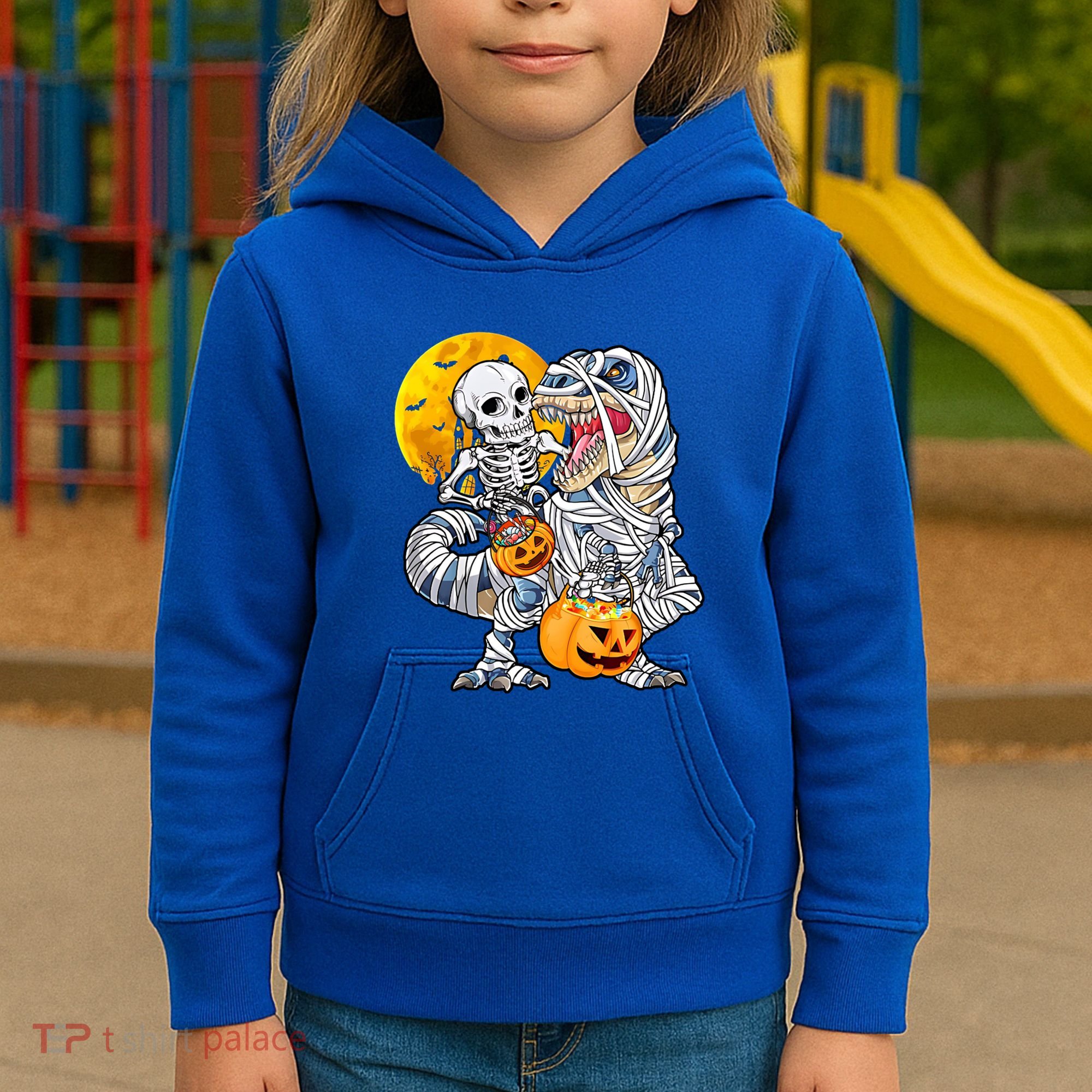 Skeleton Riding Mummy Dinosaur T Rex Halloween Funny Pumpkin Meaningful Gift Kids Hoodie