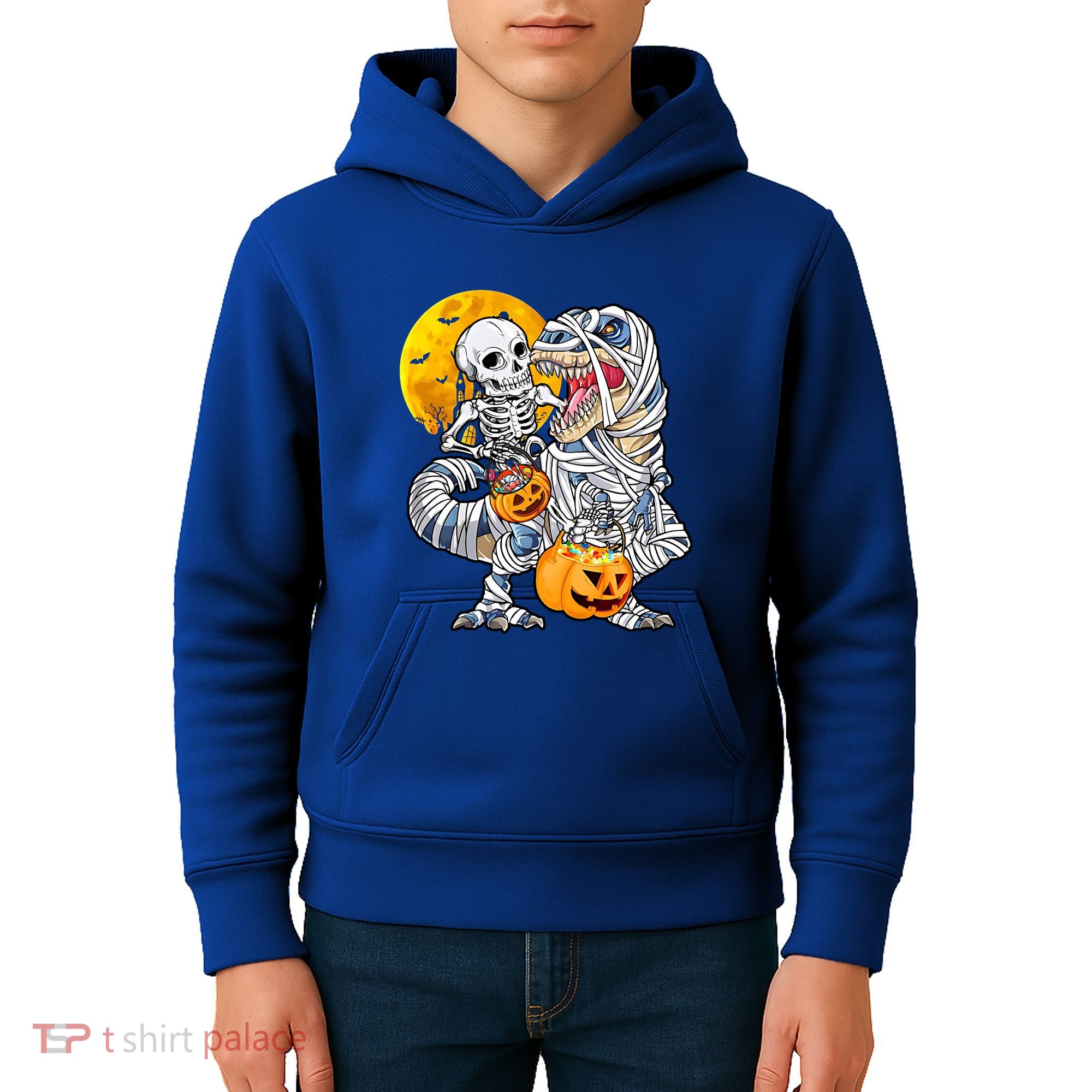 Skeleton Riding Mummy Dinosaur T Rex Halloween Funny Pumpkin Meaningful Gift Kids Hoodie