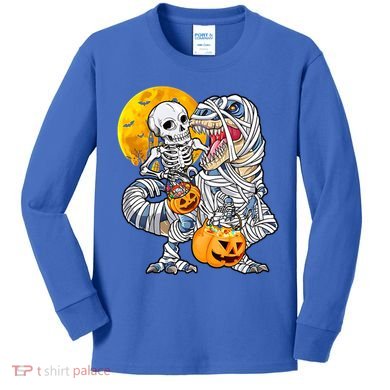 Skeleton Riding Mummy Dinosaur T Rex Halloween Funny Pumpkin Meaningful Gift Kids Long Sleeve Shirt