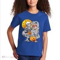 Skeleton Riding Mummy Dinosaur T Rex Halloween Funny Pumpkin Meaningful Gift Kids T-Shirt thumb 2