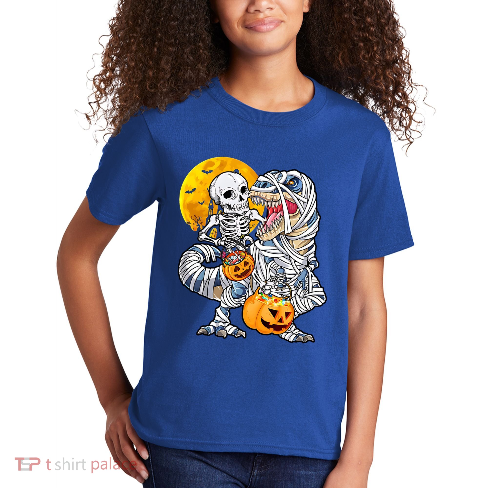 Skeleton Riding Mummy Dinosaur T Rex Halloween Funny Pumpkin Meaningful Gift Kids T-Shirt