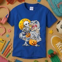 Skeleton Riding Mummy Dinosaur T Rex Halloween Funny Pumpkin Meaningful Gift Kids T-Shirt thumb 3