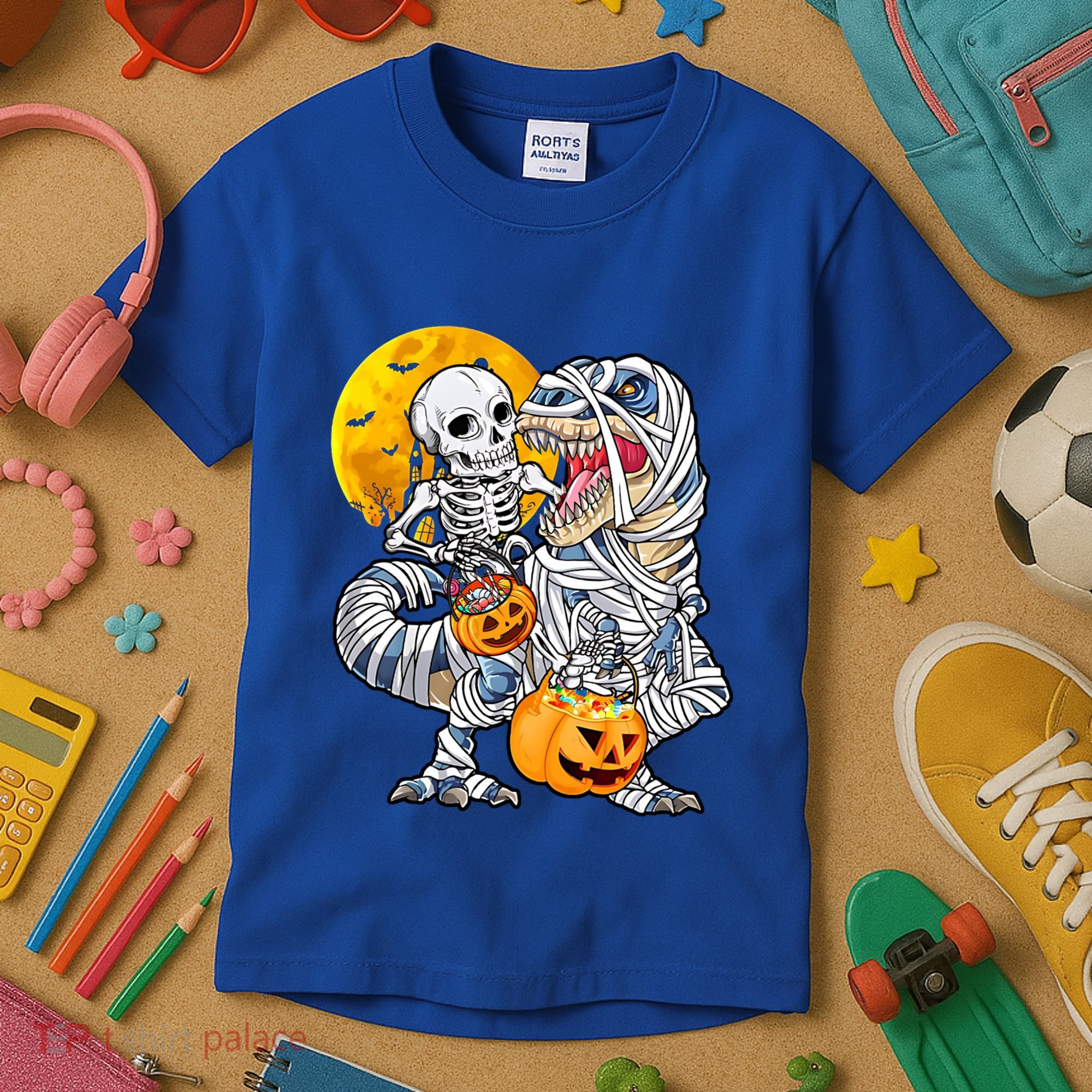 Skeleton Riding Mummy Dinosaur T Rex Halloween Funny Pumpkin Meaningful Gift Kids T-Shirt