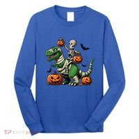 Skeleton Riding Mummy Dinosaur T Rex Halloween Funny Pumpkin Gift Long Sleeve Shirt thumb 0