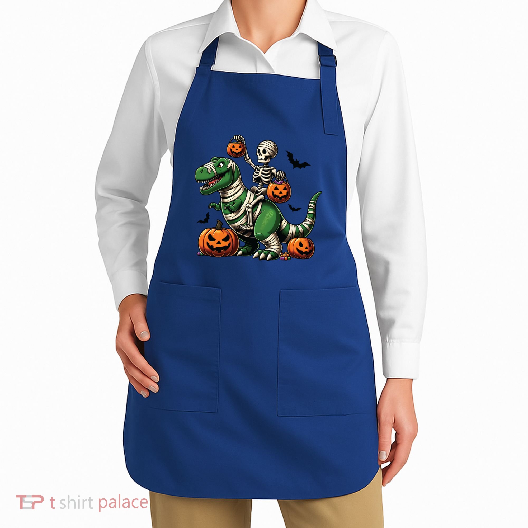 Skeleton Riding Mummy Dinosaur T Rex Halloween Funny Pumpkin Gift Apron