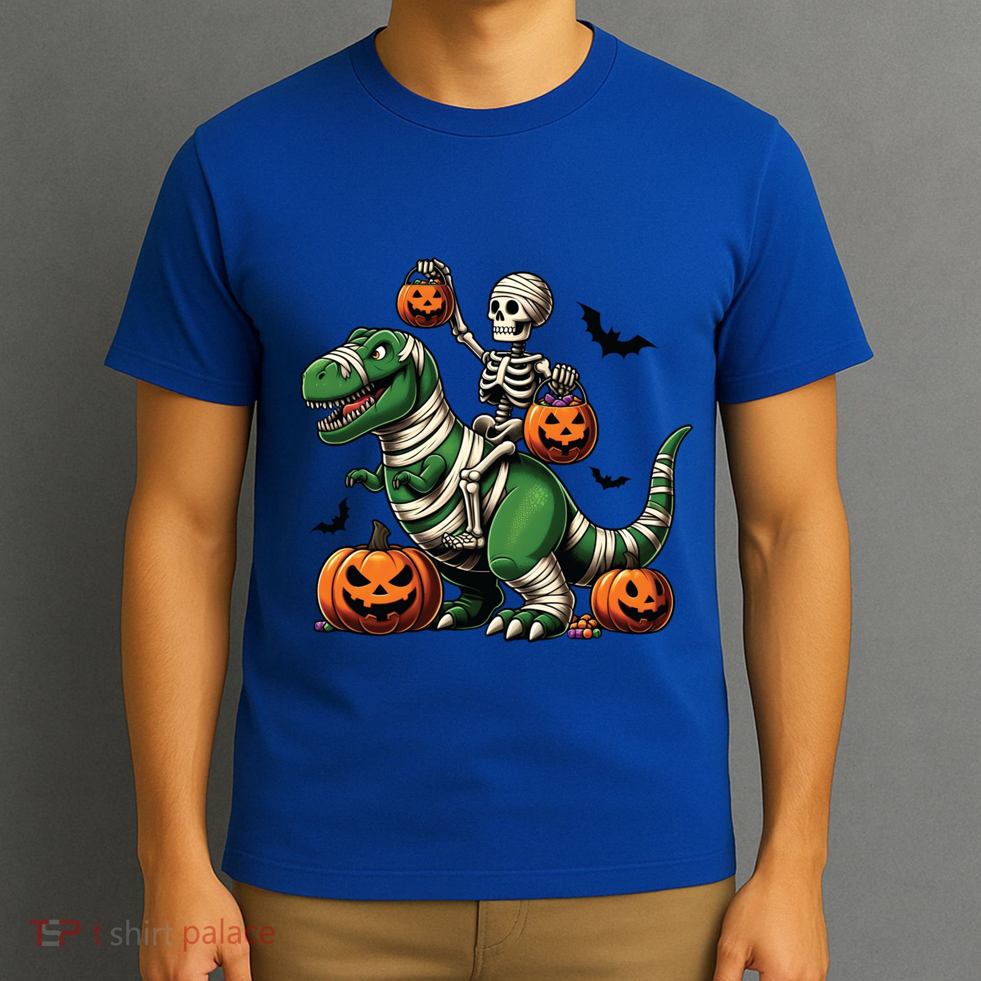 Skeleton Riding Mummy Dinosaur T Rex Halloween Funny Pumpkin Gift T-Shirt