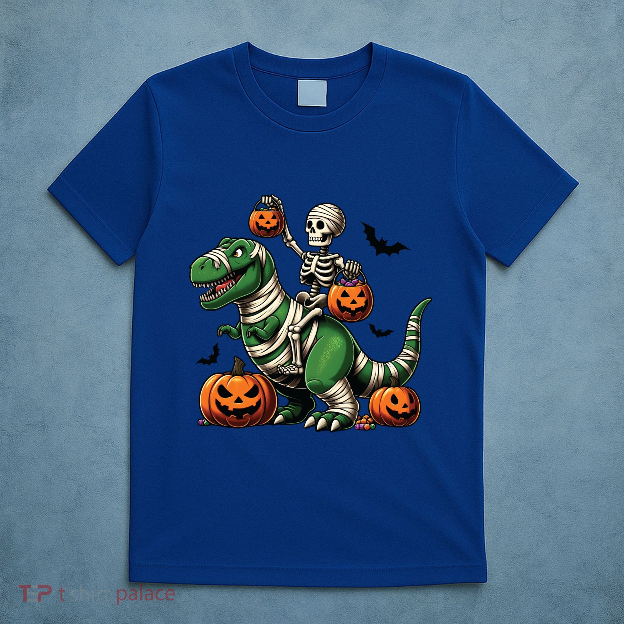 Skeleton Riding Mummy Dinosaur T Rex Halloween Funny Pumpkin Gift T-Shirt