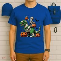 Skeleton Riding Mummy Dinosaur T Rex Halloween Funny Pumpkin Gift T-Shirt thumb 6