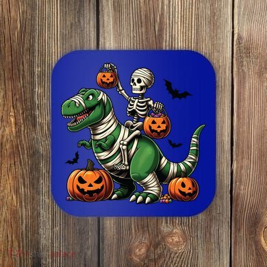 Skeleton Riding Mummy Dinosaur T Rex Halloween Funny Pumpkin Gift Coaster