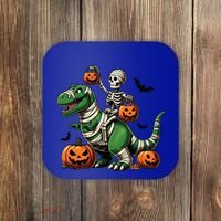 Skeleton Riding Mummy Dinosaur T Rex Halloween Funny Pumpkin Gift Coaster thumb 0