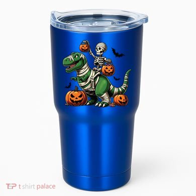 Skeleton Riding Mummy Dinosaur T Rex Halloween Funny Pumpkin Gift Tumbler
