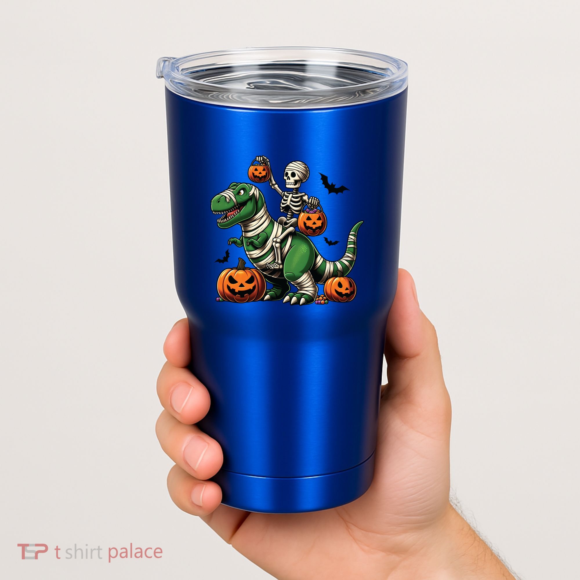 Skeleton Riding Mummy Dinosaur T Rex Halloween Funny Pumpkin Gift Tumbler