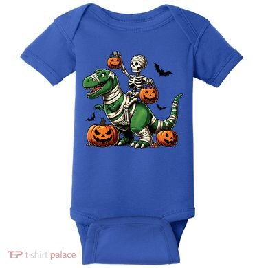 Skeleton Riding Mummy Dinosaur T Rex Halloween Funny Pumpkin Gift Baby Bodysuit
