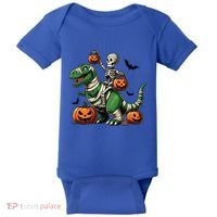 Skeleton Riding Mummy Dinosaur T Rex Halloween Funny Pumpkin Gift Baby Bodysuit thumb 0
