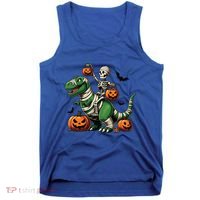 Skeleton Riding Mummy Dinosaur T Rex Halloween Funny Pumpkin Gift Tank Top thumb 0