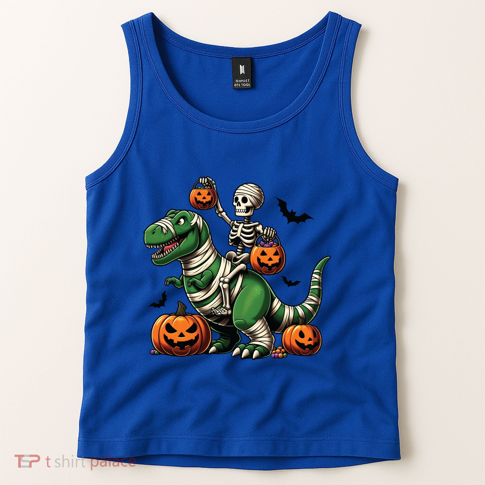 Skeleton Riding Mummy Dinosaur T Rex Halloween Funny Pumpkin Gift Tank Top