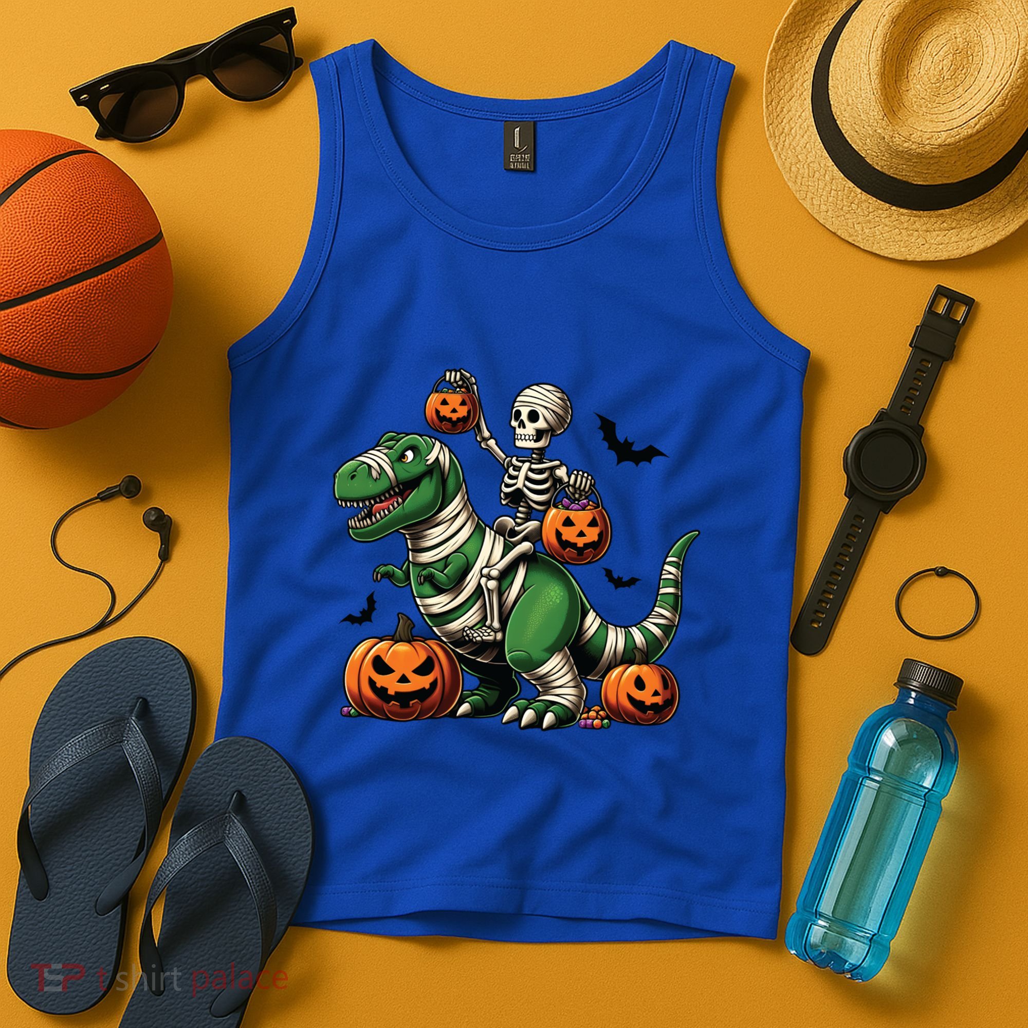Skeleton Riding Mummy Dinosaur T Rex Halloween Funny Pumpkin Gift Tank Top