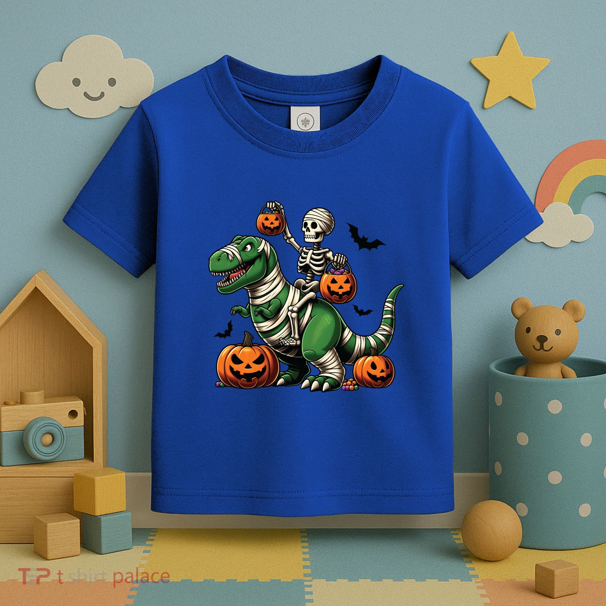 Skeleton Riding Mummy Dinosaur T Rex Halloween Funny Pumpkin Gift Toddler T-Shirt