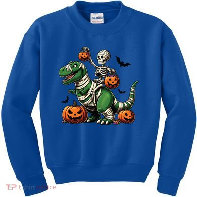 Skeleton Riding Mummy Dinosaur T Rex Halloween Funny Pumpkin Gift Kids Sweatshirt